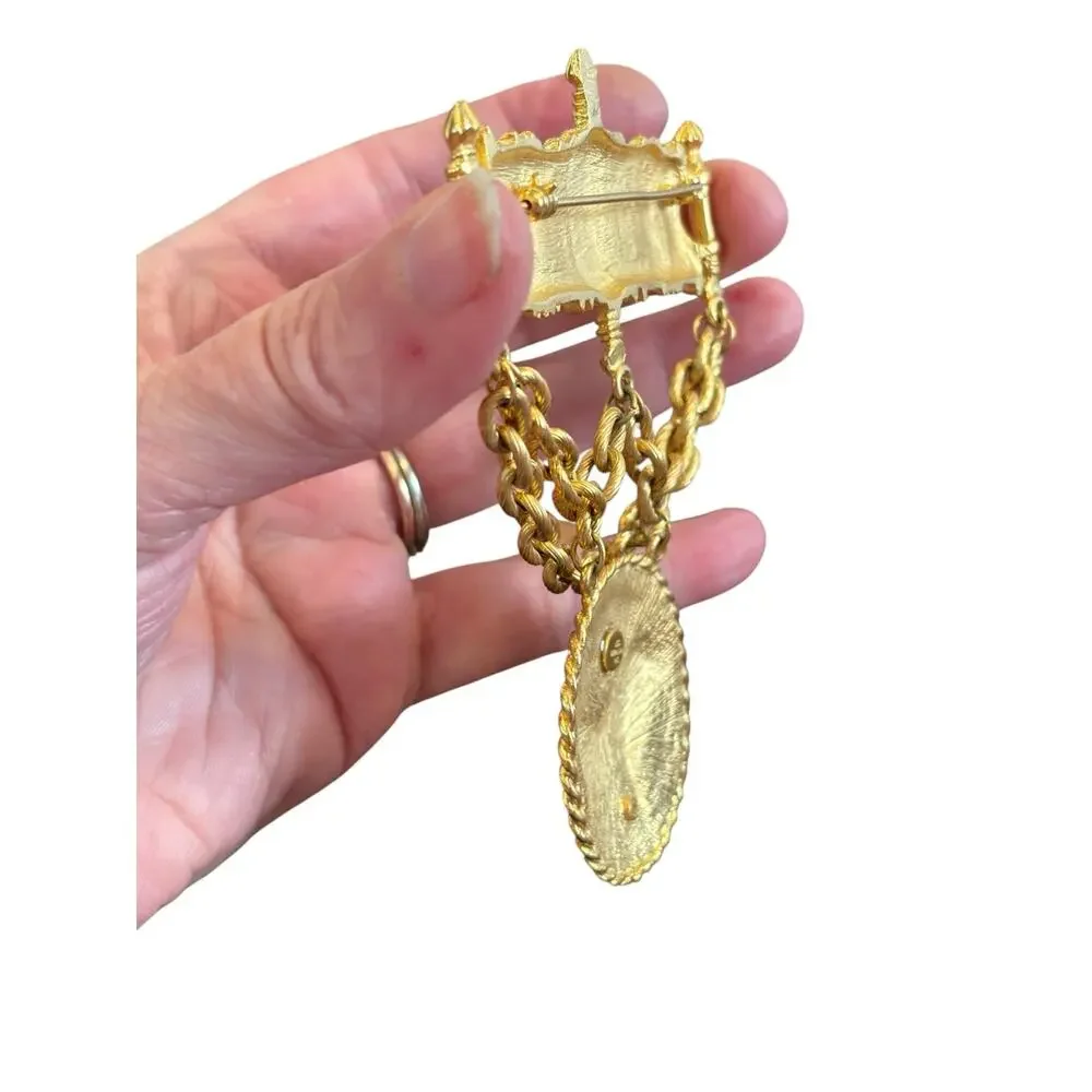 Les Bernard Gold Ram Medallion Brooch Massive Chain Runway Statement Pin